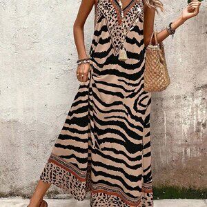 Khaki Boho Women's Elegant TigerPrint Loose Maxi Slip Dress